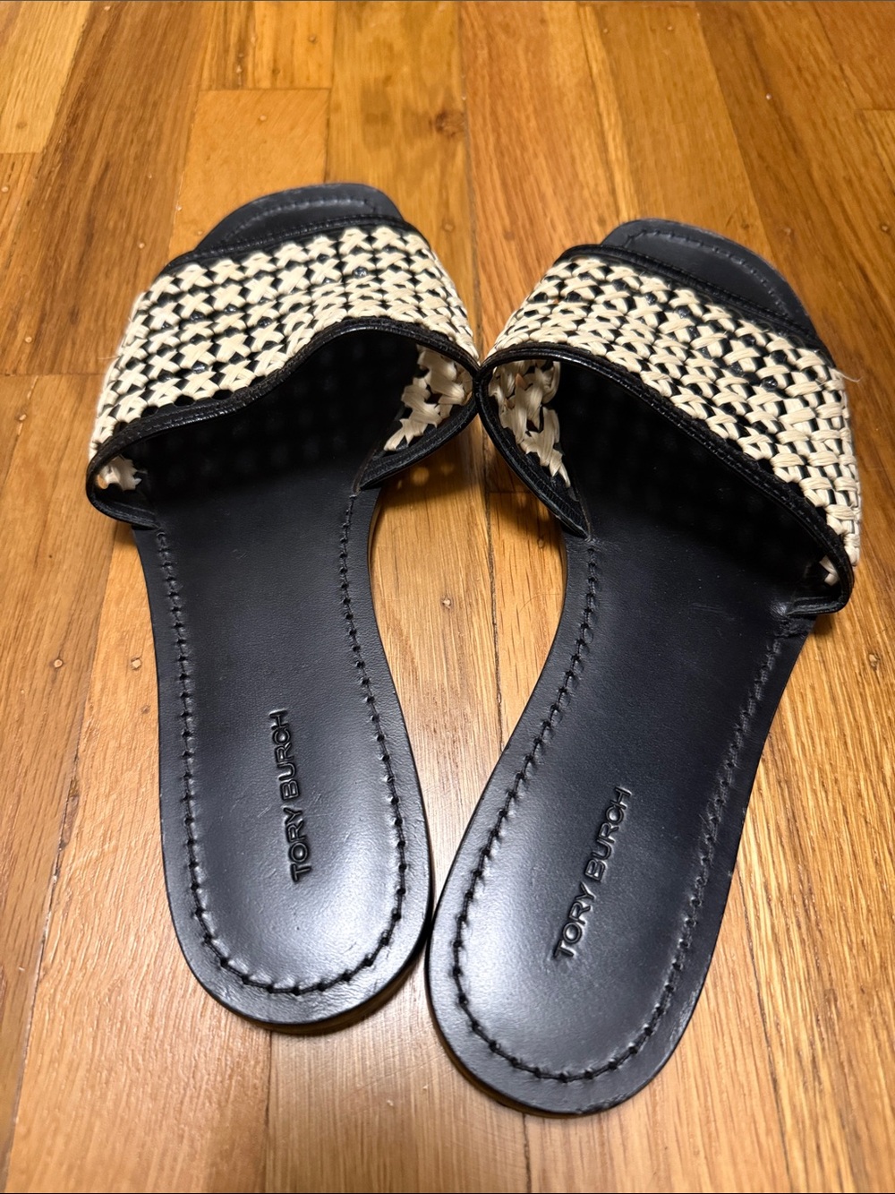 Tory Burch Black and Cream Woven Slide Sandals - Picture 3 of 4